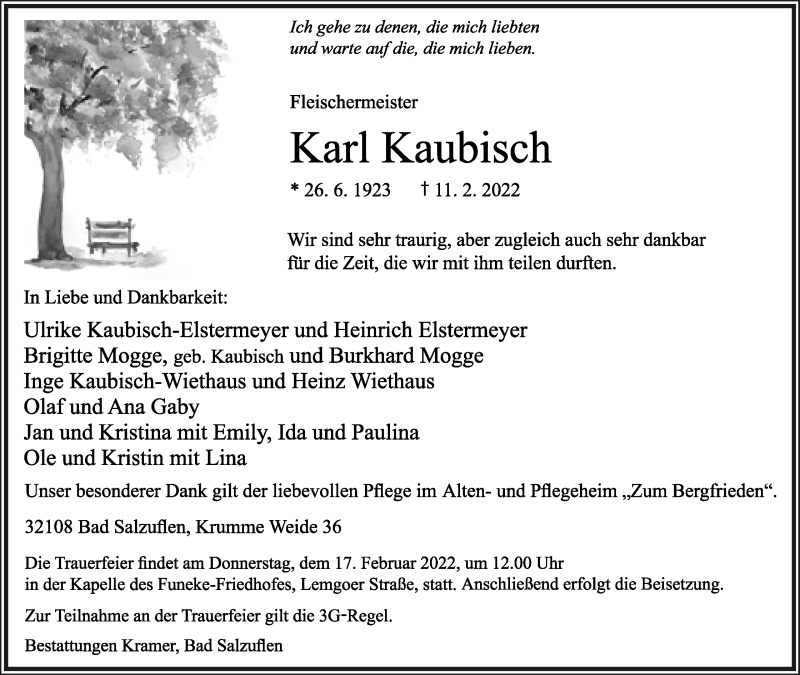  Traueranzeige für Karl Kaubisch vom 14.02.2022 aus Lippische Landes-Zeitung