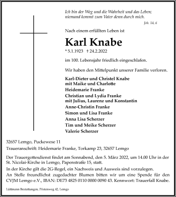 Anzeige  Karl Knabe  Lippische Landes-Zeitung