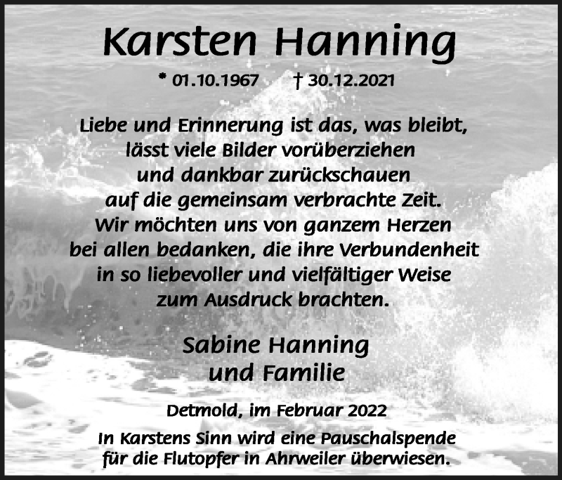  Traueranzeige für Karsten Hanning vom 16.02.2022 aus Lippische Landes-Zeitung