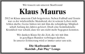 Anzeige  Nikolaus Maurus  Lippische Landes-Zeitung