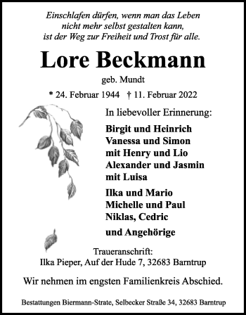 Anzeige  Lore Beckmann  Lippische Landes-Zeitung