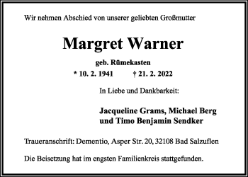 Anzeige  Margret Warner  Lippische Landes-Zeitung