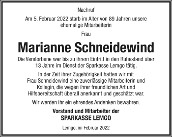 Anzeige  Marianne Schneidewind  Lippische Landes-Zeitung