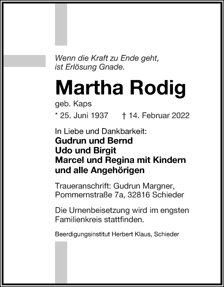  Traueranzeige für Martha Rodig vom 19.02.2022 aus Lippische Landes-Zeitung