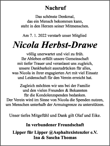 Anzeige  Nicola Herbst-Drawe  Lippische Landes-Zeitung