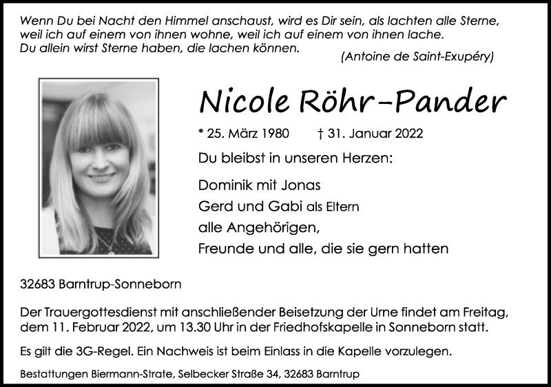  Traueranzeige für Nicole Röhr-Pander vom 05.02.2022 aus Lippische Landes-Zeitung