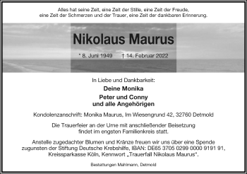 Anzeige  Nikolaus Maurus  Lippische Landes-Zeitung