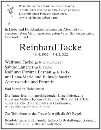Anzeige  Reinhard Tacke  Lippische Landes-Zeitung