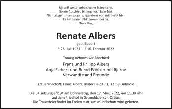Anzeige  Renate Albers  Lippische Landes-Zeitung