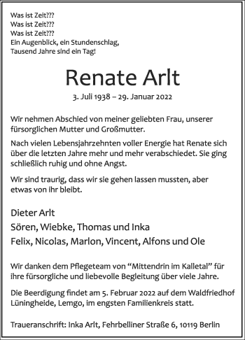 Anzeige  Renate Arlt  Lippische Landes-Zeitung