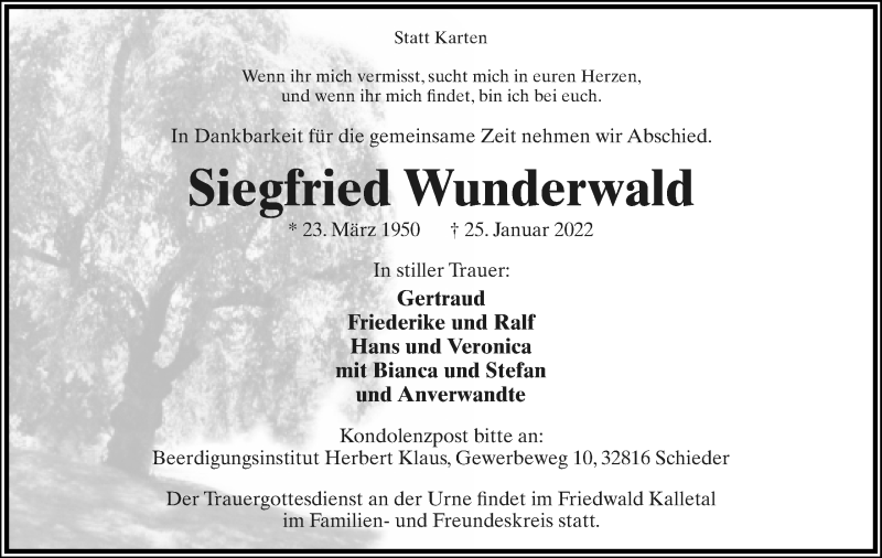  Traueranzeige für Siegfried Wunderwald vom 19.02.2022 aus Lippische Landes-Zeitung