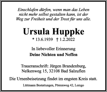 Anzeige  Ursula Huppke  Lippische Landes-Zeitung
