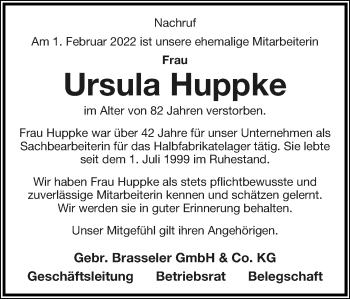 Anzeige  Ursula Huppke  Lippische Landes-Zeitung
