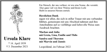 Anzeige  Ursula Klare  Lippische Landes-Zeitung