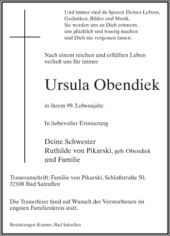 Anzeige  Ursula Obendiek  Lippische Landes-Zeitung
