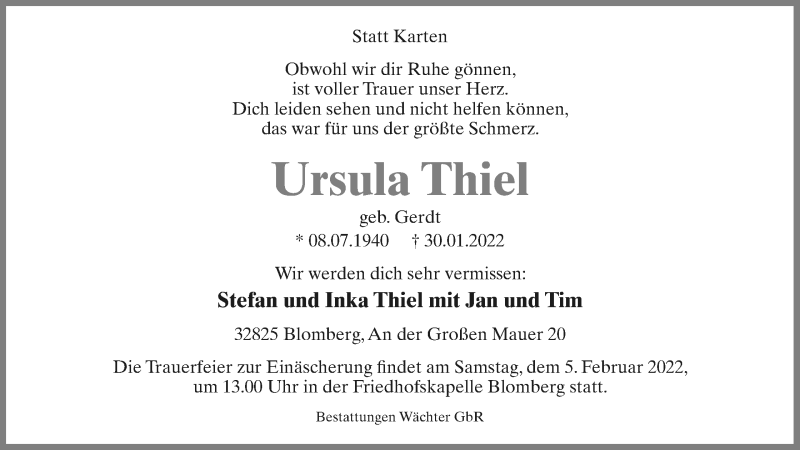  Traueranzeige für Ursula Thiel vom 02.02.2022 aus Lippische Landes-Zeitung