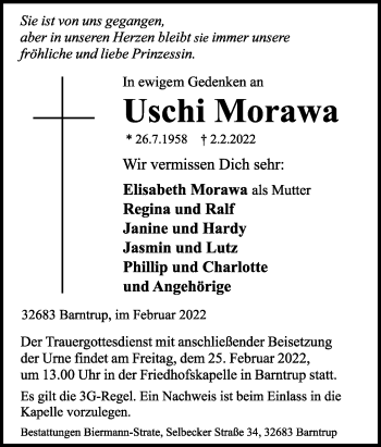 Anzeige  Uschi Morawa  Lippische Landes-Zeitung