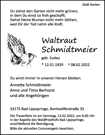 Anzeige  Waltraut Schmidtmeier  Lippische Landes-Zeitung