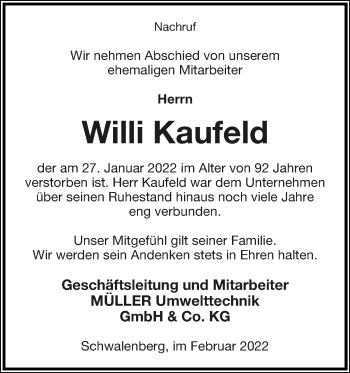 Anzeige  Willi Kaufeld  Lippische Landes-Zeitung
