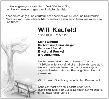 Anzeige  Willi Kaufeld  Lippische Landes-Zeitung