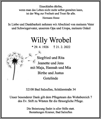 Anzeige  Willy Wrobel  Lippische Landes-Zeitung