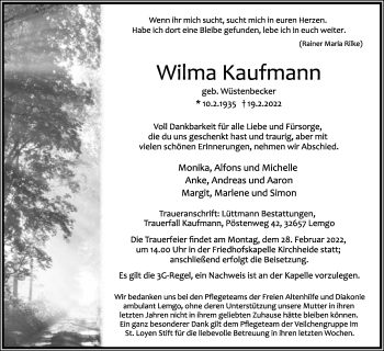 Anzeige  Wilma Kaufmann  Lippische Landes-Zeitung