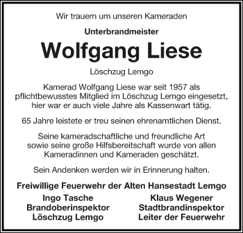 Anzeige  Wolfgang Liese  Lippische Landes-Zeitung
