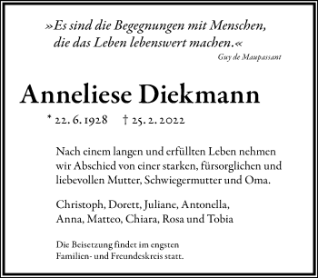 Anzeige  Anneliese Diekmann  Lippische Landes-Zeitung