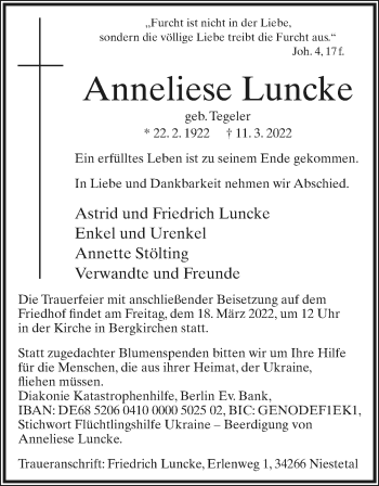Anzeige  Anneliese Luncke  Lippische Landes-Zeitung