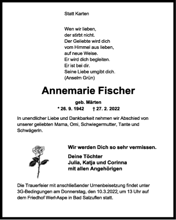 Anzeige  Annemarie Fischer  Lippische Landes-Zeitung