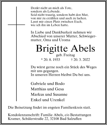 Anzeige  Brigitte Abels  Lippische Landes-Zeitung