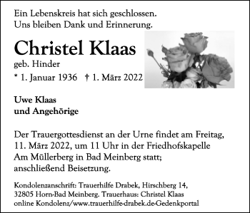 Anzeige  Christel Klaas  Lippische Landes-Zeitung