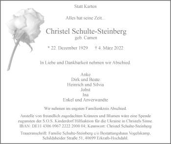 Anzeige  Christel Schulte-Steinberg  Lippische Landes-Zeitung