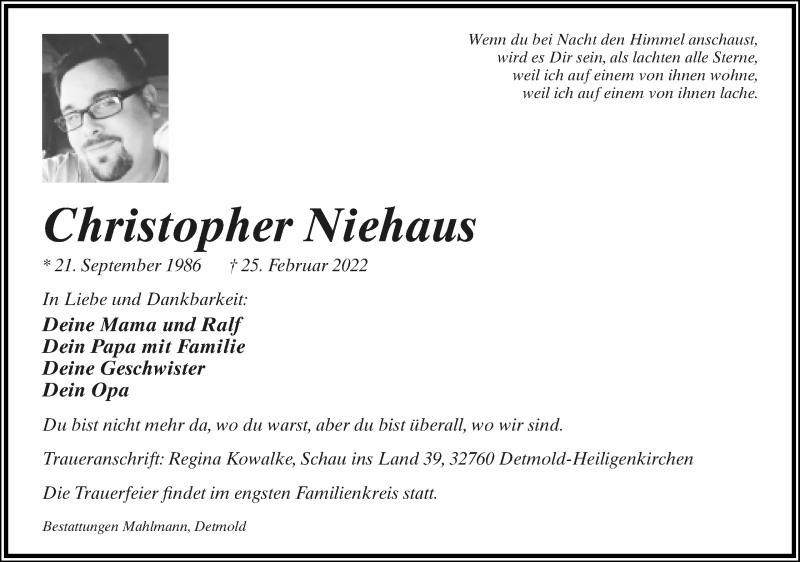  Traueranzeige für Christopher Niehaus vom 05.03.2022 aus Lippische Landes-Zeitung