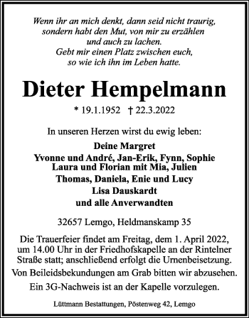 Anzeige  Dieter Hempelmann  Lippische Landes-Zeitung