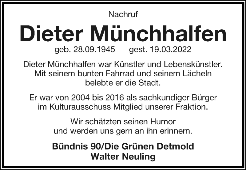  Traueranzeige für Dieter Münchhalfen vom 26.03.2022 aus Lippische Landes-Zeitung