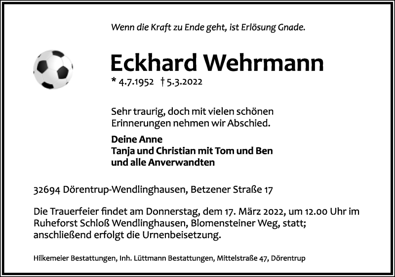  Traueranzeige für Eckhard Wehrmann vom 12.03.2022 aus Lippische Landes-Zeitung