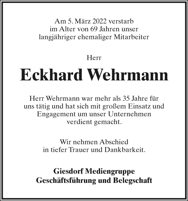  Traueranzeige für Eckhard Wehrmann vom 12.03.2022 aus Lippische Landes-Zeitung
