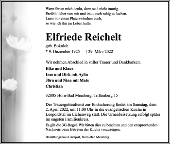 Anzeige  Elfriede Reichelt  Lippische Landes-Zeitung
