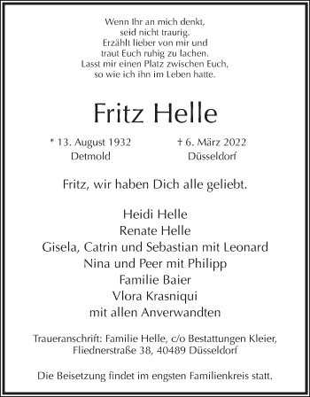 Anzeige  Fritz Helle  Lippische Landes-Zeitung
