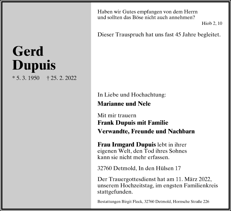  Traueranzeige für Gerd Dupuis vom 12.03.2022 aus Lippische Landes-Zeitung