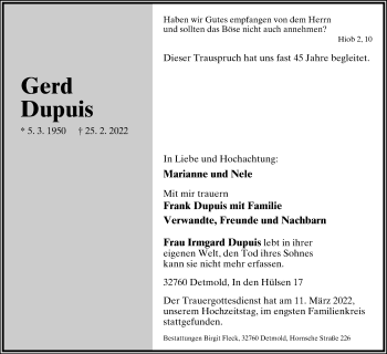 Anzeige  Gerd Dupuis  Lippische Landes-Zeitung
