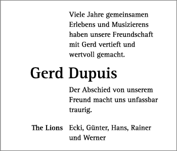 Anzeige  Gerd Dupuis  Lippische Landes-Zeitung