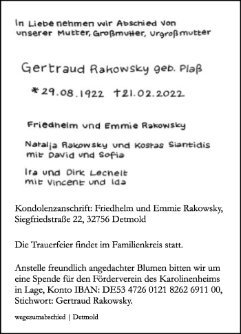 Anzeige  Gertraud Rakowsky  Lippische Landes-Zeitung