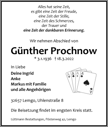 Anzeige  Günther Prochnow  Lippische Landes-Zeitung