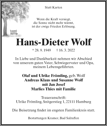 Anzeige  Hans-Dieter Wolf  Lippische Landes-Zeitung