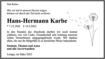 Anzeige  Hans-Hermann Karbe  Lippische Landes-Zeitung