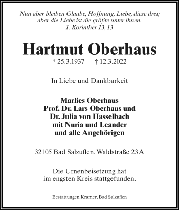 Anzeige  Hartmut Oberhaus  Lippische Landes-Zeitung