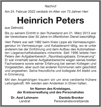 Anzeige  Heinrich Peters  Lippische Landes-Zeitung