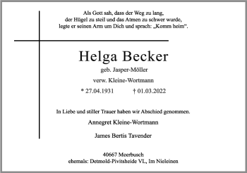 Anzeige  Helga Becker  Lippische Landes-Zeitung